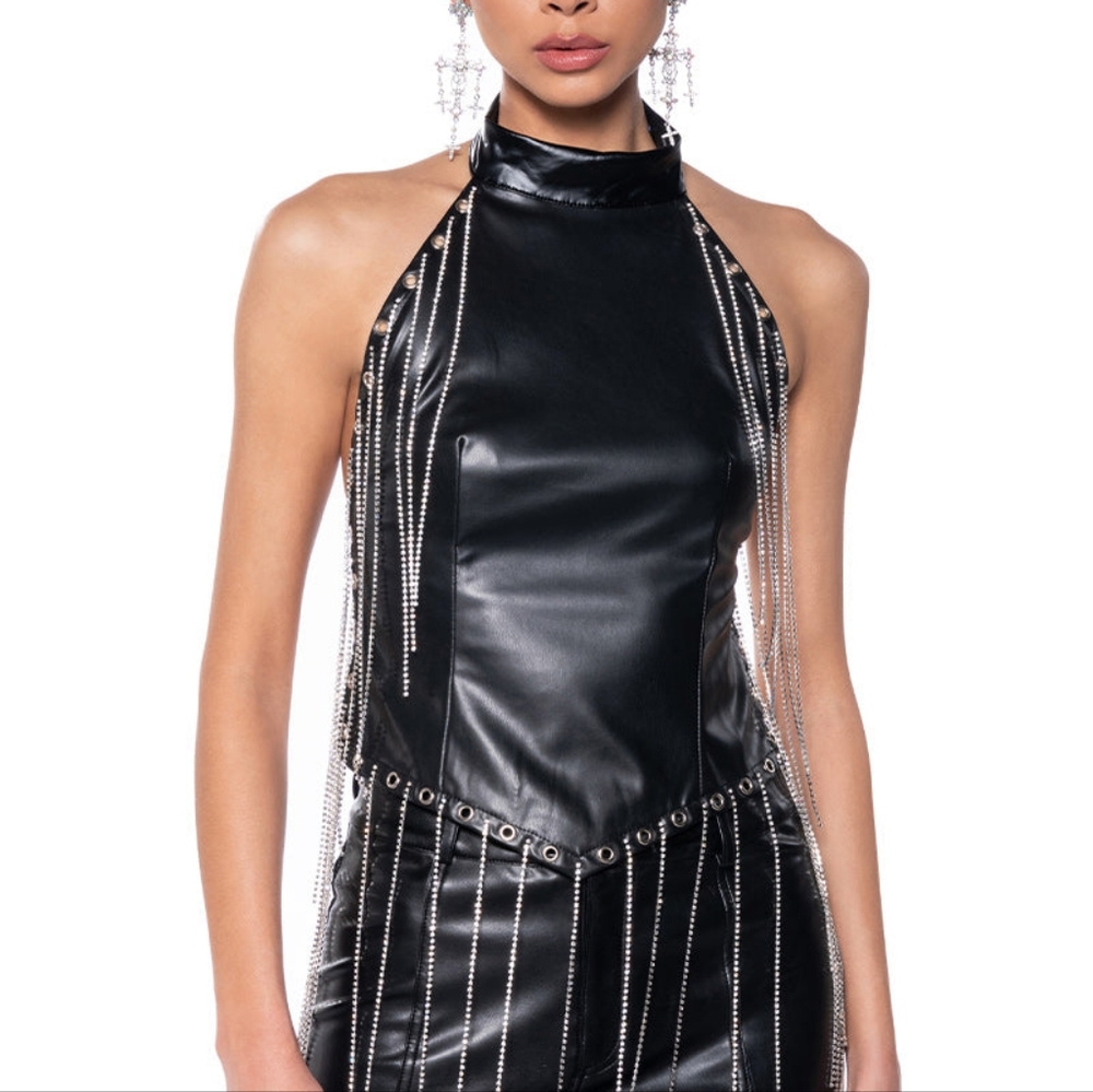 NEW Black Rhinestone Fringe Halter Top Faux Leather Sleeveless Open Back